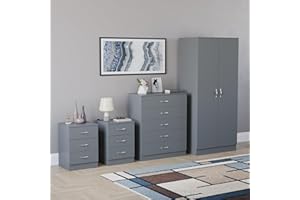 Vida Designs Riano 4 Piece Bedroom Set - 3 Drawer Bedside Chest, 5 Drawer Chest, 2 Door Wardrobe - Grey