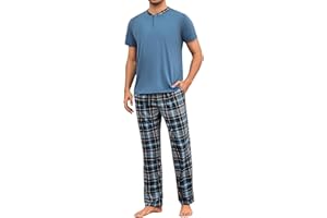 Aseniza Piżama męska Top Okrągły dekolt z krótkim rękawem i długie spodnie w kratę Dwuczęściowa piżama Wygodna odzież domowa S-3XL