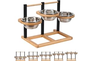 Optyuwah Podwyższona miska dla psów, 5 regulowanych wysokości, miska dla psa z miskami ze stali nierdzewnej 3 x 1400 ml i drewnem, podwyższona miska dla psów, miska na karmę, dla dużych psów