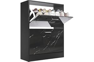 Blisswood 2 Drawer Shoe Cabinet, Wooden Shoe Storage Organiser Cupboard Unit Hallway Furniture, Narrow Entryway 2 tier Modern Shoe Rack Cabinet Footwear Stand for Shoes (Marble Black)