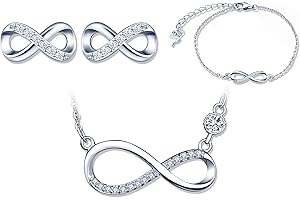Yumilok Ensembles de Bijoux en Argent 925, Collier Symbole de l'infini, Bracelet et Boucles d'oreilles de Symbole Infini, Zircon incrusté, Bijoux pour Femme Fille, Cadeau de Noël et Anniversaire