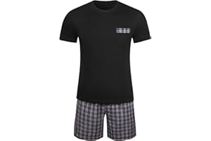 Winovia Schlafanzug Herren Kurz Pyjama 100% Baumwolle Kurzarm Nachtwäsche Nightwear Set mit Rundhals Design und Karierter Hose