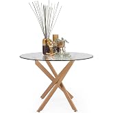 Homely - Dining Table, Round Kitchen Modern Design Dalila Wood, Tempered Glass Top of 110 cm Diameter, Original Metal Base in