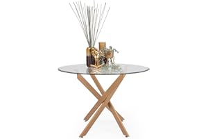 Homely - Mesa de Comedor, Cocina Redonda de diseño Moderno Dalila Wood, sobre de Cristal Templado de 110 cm de diámetro, Original Base metálica en Acabado imitación Madera, de 110x110x73 cm
