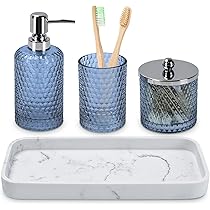 Set di 5 Accessori da Bagno in Blu, Dispenser di Sapone Blu Trasparente, set di Accessori da Bagno di Lusso con Dispenser per Lozioni, Portaspazzolino, Portasapone, Bicchiere, Regalo Vintage