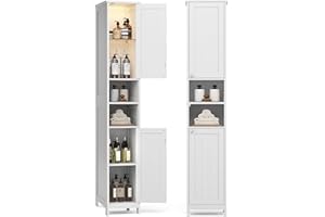 ‎VASAGLE VASAGLE Badezimmerschrank mit Beleuchtung, hoch, schlanker Badschrank, Aufbewahrungsschrank mit verstellbaren Ablagen, offene Fächer, für kleine Räume, modern, wolkenweiß BBC566W03
