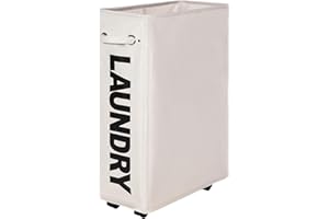 Caroeas Panier à Linge 55L avec Roulettes, Pliable et Étroit, Grande Capacité, Bac de Rangement sur Roues pour Petit Espace，Beige