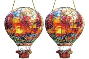 KXRTPX 2PCS Hot Air Balloon Solar Garden Light, Solar Hot Air Balloon Garden Lights, Hanging Flat Acrylic Solars Lanterns, Hot Air Balloon Model, Flame Effect Solar Garden Outdoor for Window Home Yards