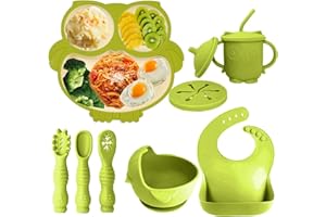 auvstar Ensemble D'alimentation pour bébé en Silicone, Ensemble de 10 Pièces Coffret Repas Bebe avec Ventouse Assiette Bol Vaisselle Réglable Bavoir pour Bébés et Enfants (Vert)