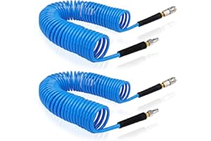 FANOVO 2 Pcs Polyurethane Air Compressor Recoil Hose with 1/4" Europe Quick Coupler and Plug Fittings,6mm ID x 9.5mm OD with Bend Restrictor,10m Length (10m Length-2 Pcs)