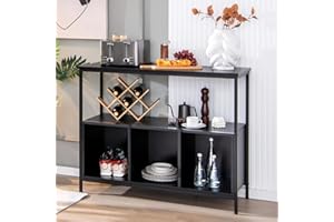 TANGZON Storage Cabinet, Wooden Sideboard with Large Open Shelf, 3 Compartments & Adjustable Foot Pads, Metal Frame Console Buffet Cupboard for Kitchen Dining Living Room, 110x42x88cm (Black)