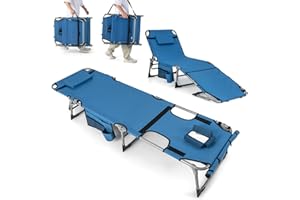 GOPLUS Tumbona Plegable, con Orificio para Cara y Brazos, Respaldo Ajustable en 5 Posiciones, Almohada Extraíble, Reposapiés Ajustable, Bolsillo Lateral y Correa, Tumbona Jardín Playa Piscina (Azul)
