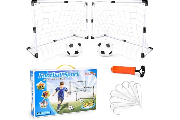 Dreamon Uppsättning av 2 Barnfotbollsmål med Fotboll, Mål Och Pump Interaktiva Mini-Leksaker för Fotboll Sportkul för Inomhusträdgård