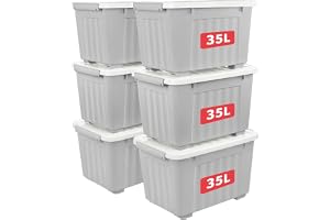 Cetomo 35 L x 6 förvaringslådor med hjul, plastförvaringslåda med lock, spärrspännen, klickstängning, stapelbar, kapsling, hållbar organisatör för hemmakontorskläder, grå, 35 L-6-pack