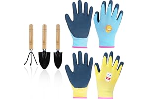Mulaibdin 2 Paia Guanti Giardinaggio Bambini, Guanti da Lavoro per Bambini con 3 Attrezzi Giardinaggio Mini, Guanti Lavoro Bambino Lattice, Guanti da Giardinaggio Ragazze & Ragazzi (3-7 Anni B)