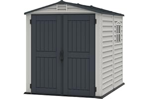 Duramax StoreMate PLUS 6 x 6 (3.65 m2) Plastic Garden Shed with Heavy-Duty Plastic Floor & Fixed Window, Strong Metal Roof Structure, Fire Retardant & Maintenance-Free Storage Shed, Dark Grey & Adobe