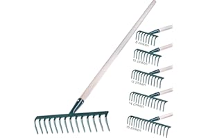 KADAX Rechen aus Metall, Flache Harke mit Stiel aus Holz, Laubbesen für Garten, Beet, Laubrechen, Rasenrechen, grün, Gartengerät, Heurechen, Gartenwerkzeug, Gartenharke (14 Zinken)