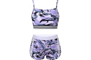 Mufeng Maillot de Bain Fille 2Pcs Tankini de Bain Ensemble de Sport Piscine Fille Top de Bain sans Manches Short de Natation Sport Course Imprimé Fille 4-16 Ans