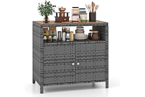 GYMAX Armario de Jardín de Ratán, Aparador con Encimera de Madera de Acacia, 2 Puertas y Estante Abierto, Mueble Exterior Almacenaje para Herramientas de Jardín, 90 x 53 x 86 cm (Gris)