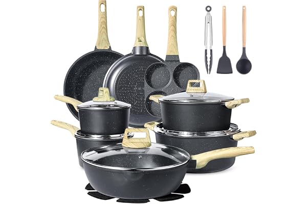 GiPP 22 delars Köksredskapsset, Keramisk Non-Stick Beläggning | Induktionskompatibelt & Ugnsäkert, passar alla spisar(Svart,22 artiklar)