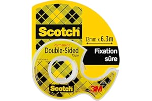 Scotch Le ruban Scotchdouble face-1 Rouleau 12,7mm x 6,3m sur dévidoir manuel-Ruban double face transparent, pour l'emballage des cadeaux de Noël et des fournitures de vacances, application sans tache