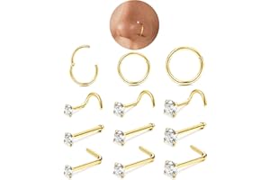 LOLIAS 12Pcs 18K Gold Nose Ring Stud 316L Surgical Steel Nose Piercing Jewellery CZ Inlaid L-Shape Nose Studs Nose Screws Stainless Steel Nose Septum Rings Hoop Nose Piercings for Women Men 18/20G