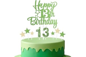 mciskin Tender Green 13th Birthday Candles Cake Toppers Set,3D Number 13 Candle for Cake,Light Green Candles Yellow Star Toppers for Girls Boys 13th Birthday Decorations Party Supplies
