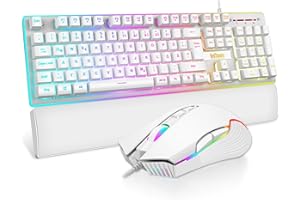 RedThunder K10 Clavier et souris de jeu QWERTZ DE, plaque en métal et repose-poignet, rétroéclairage RGB et 7D avec ergonomique, pour PC, Mac Gamer (blanc)