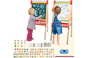 CHIDIAM Easel for Kids Double-Sided Kids Easel with Paper Roll Wooden Art Easel Whiteboard & Chalkboard Adjustable Standing Toddler Easel with Accessories Gift for Boys and Girls