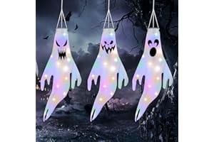OFFCUP Manga de Viento Fantasma, 3PCS Halloween Decoración Colgante con Luces LED para la Fiesta de Halloween, Exterior, Patio, Jardín, Césped