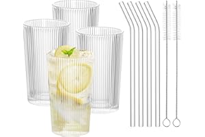 longyier Set di 4 Bicchieri da Long Drink, 380 ml con Cannuccia e Spazzola, Bicchieri da Longdrink per Cocktail, Birra, Whisky, Caffè, Soda, Succo di Frutta