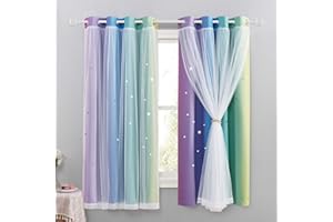 NICETOWN Rideaux Chambre Enfant - Décoration de Maison Rideaux et Draperies Etoile Motif Frome Etoiles Perforées avec Voilages, L 132 sur H 160 cm, Arc-en-Ciel Foncé, 2 PCs