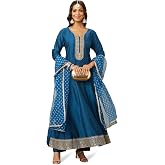 Amazon Brand - Myx Women's Embroidered Anarkali Kurta Pant Set with Organza Dupatta | A-line fit (Available in Plus Sizes)