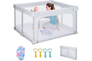 COSTWAY Kojec dla niemowląt 124 x 124 cm, składany, przenośny kojec z 50 piłkami, 4 uchwyty, funkcja blokowania, kratka do raczkowania ze ściankami z siatki i drzwiami, namiot dla niemowląt i dzieci