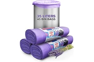 MERVE PACK 35L Lavender Scented Bin Bags with Drawstrings, 45 Count – Kitchen and Bathroom Bin Liners for Home Use – Scented Bin Bags Keep Your Bin Fresh and Odor-Free, Ideal Trash Bags and Garbage Bags