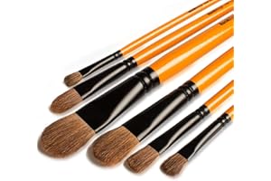 ROCK NINJA Artist Paint Brush Set, Professional Long Handle Nylon Hair Brushes - Ideal Fine Tip Art Brushes for Acrylic, Watercolor, Oil, Creative Body Paint, Decorating and Gouache Painting (6 Pcs Filbert)