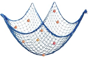 Dunkwckore Filet de Peche Decoratif, 100cm × 200cm Décoration Marine, Méditerranéen Style Maison avec 9 Coquilles Naturelles, Décoratif Extérieur pour de Photographie Fête Plage (Bleu)