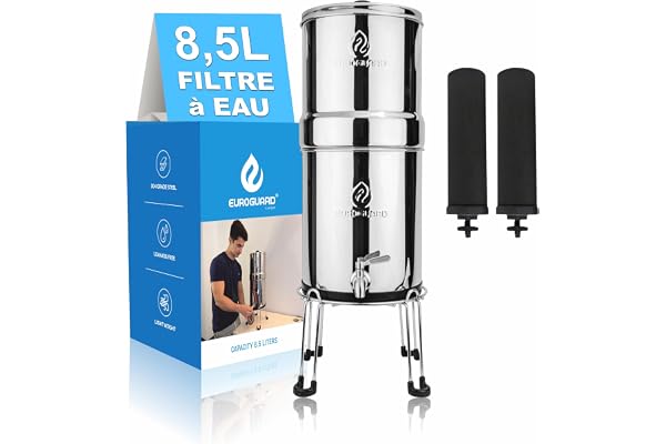 EUROGUARD® Filtre à gravité - Système de Filtration d'eau en Acier Inoxydable 304, 8,5 L, 2 filtres à Charbon Actif, Robinet 100% INOX avec Support en Acier Inoxydable