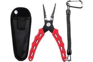 Caija-H Long Nose Fishing Pliers Stainless Steel Fish Hook Pliers Hook Remover Split Ring Pliers with Lanyard for Freshwater Saltwater (Red, 16.5)