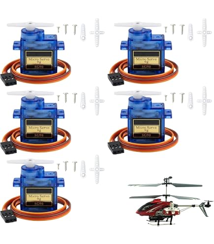 5 Servomoteurs Micro 9G SG90 – 180° – Compatibles Robots, Avions, Hélicos, Bateaux – Kit Complet Avec Bras Et Vis – Installation Facile