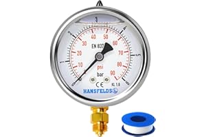 Hansfelds Manomètre 0-6 bar rempli de liquide 1/2'' BSP Montage inférieur Cadran 100 mm Boîtier en acier inoxydable Laiton Interne et connexion Double échelle bar/psi Précision 1,6