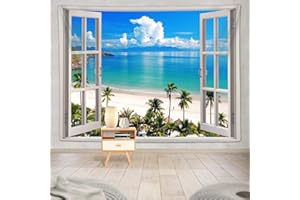 YISUMEI Ocean Beach Tapestry, Hawaii Sea Nature Fake Faux Window Art Tapestries Wall Hanging for Bedroom College Dorm Living Tropical Summer Room Office Decor(M/130x150cm/51x60inch)