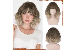 Sofeiyan Parrucca Bob Ondulata con Frangia, 30 cm Ombra bionda Parrucca Sintetica Resistente al Calore per Donna Look Naturale per Cosplay Feste e Uso Quotidiano