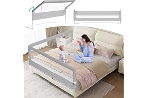 Tubiaz Barrera para cama de 150 cm, protección contra caídas, plegable 180 grados, altura ajustable 72-86 cm, rejilla para cuna con patas trapezoidales y correas de fijación, gris