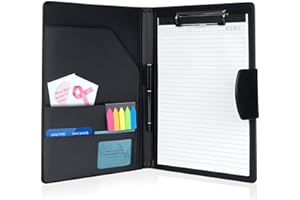 Agoer Cartellina Portadocumenti A4 in Pelle Portablocco Con Carta e Penna e Adesivi Indicizzati Pinza Cartella Porta Blocco Appunti (Nera)