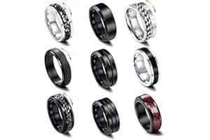 INPION 9 Pcs Mens Rings, Stainless Steel 8mm Band Rings for Men Silver Black Spinning Rings Vintage Viking Rings Wedding Band Engagement Rings for Men