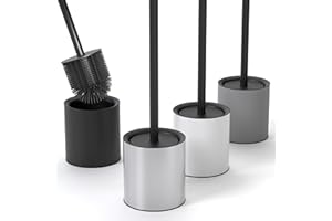 SAVEGA Scopino WC Silicone con Portascopino Inox e Coperchio Protettivo – Scopino Bagno WC Igienico e Resistente (Argento Opaco)