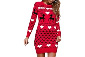 Uniexcosm Robe de Noël Femme près du Corps Robe Pull Hiver Noël col Rond avec Dessin Renne