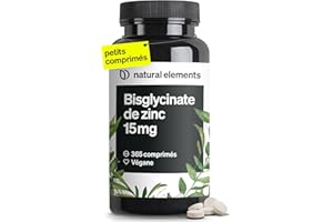 NATURAL ELEMENTS Zinc Bisglycinate Pur 15mg – 365 Comprimés Végétaliens – Zinc pour Plus d'un An – Antioxydant et Beauté – pour une Peau Saine – Système Immunitaire – Sans Additifs
