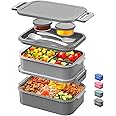 DaCool Adults Lunchbox Bento Box - 74 OZ All-in-One Stackable Lunch Box for Adults Men Women Teens Leakproof Bento Large Lunch Box Containers with Fork Spoon Sauce Box for Dining Out Work School,Grey